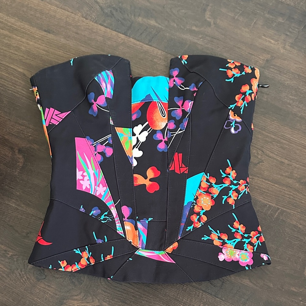 Versace Black Floral Strapless Corset Top with Multicolor Print